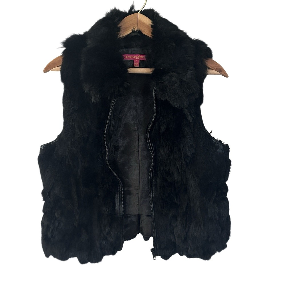 Women's Genuine Rabbit Fur Vest Black Zip Front Soft Plush Fully Lined‎ Size M